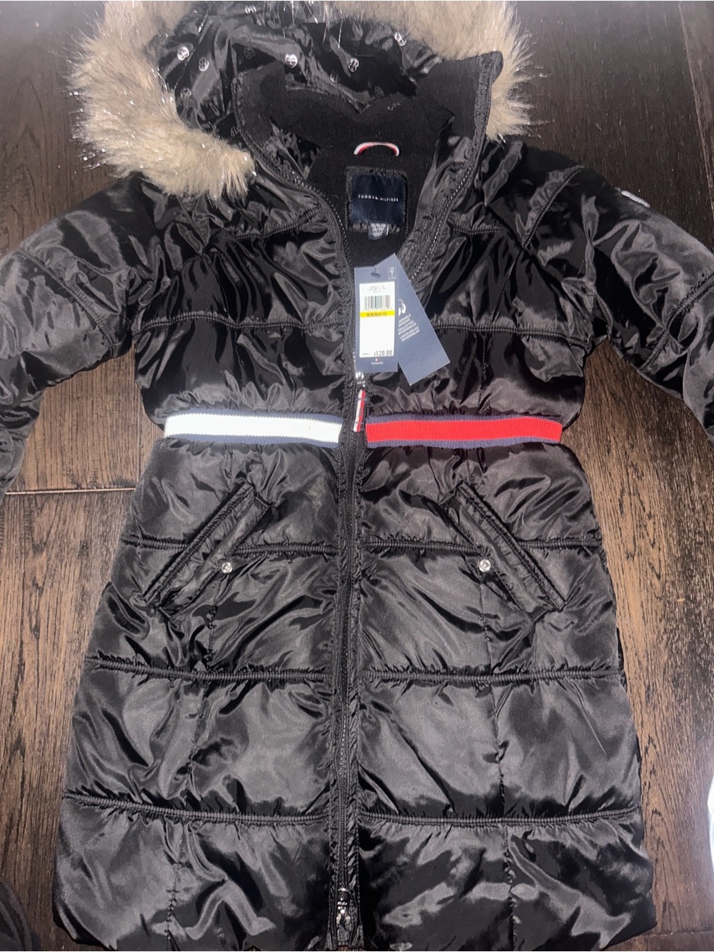 Tommy Hilfiger Black Quilted Puffer Coat with Faux Fur Hood